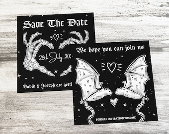 Goth Save The Date Square Bats Postcards Cards Gothic Black Skeleton Witch Witchy Wedding Invite Invitation Emo Rock Metal Skulls Spooky