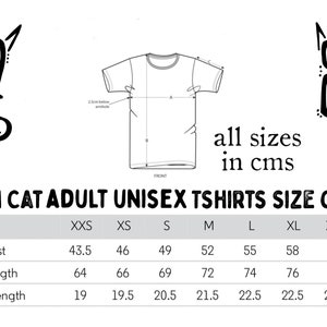 May include: A size chart for Doom Cat adult unisex t-shirts, with measurements in centimeters. The chart includes sizes from XXS to XXXL, detailing half chest, body length, and sleeve length measurements for each size. The Doom Cat logo is visible.
