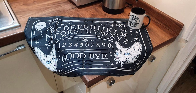 Goth Decor Witchy Ouija Board Spirit Spooky Cat Tea Towel Kitchen Decor Cotton Linen Vegan Black Witch Pagan Occult Satanic Home Kitty image 1
