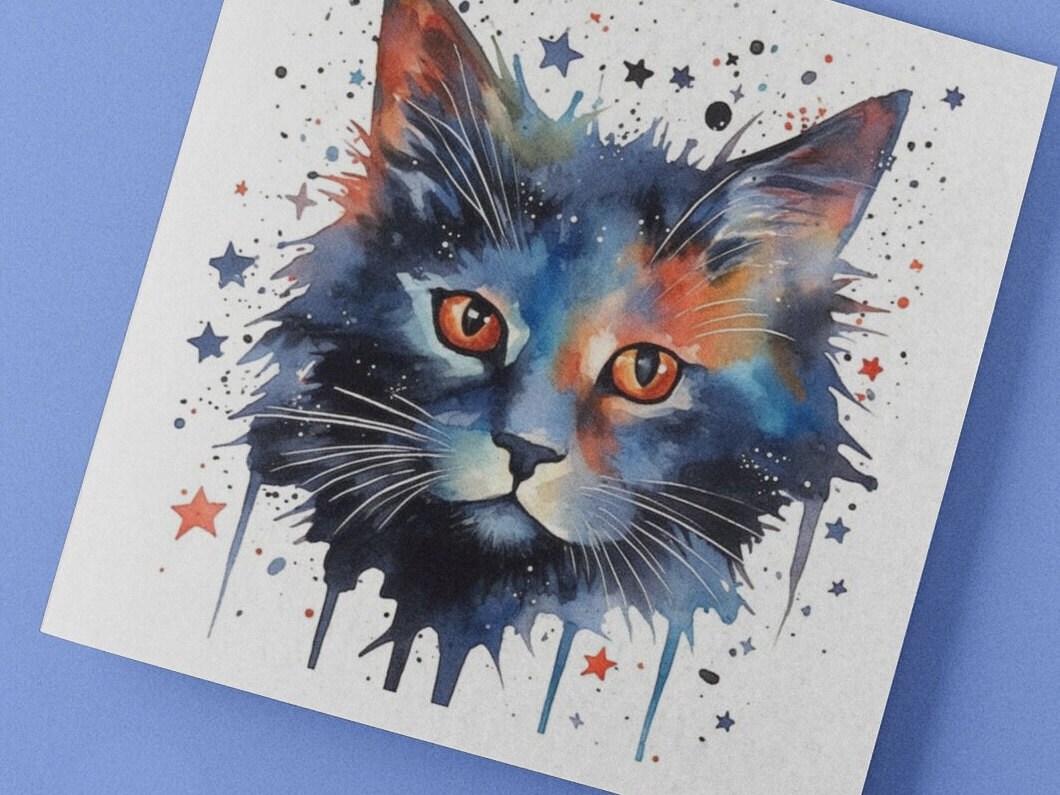 Watercolor Black Cat Blank Card: Gothic Witchy Art