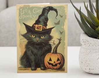 Cartão de aniversário de Halloween "Vamos ficar assustadores" Preto Fofo Gato Abóbora Vintage Arte Clássica Design Retro Bonito Assustador Bruxa Gótico Gótico Witchy