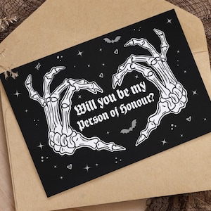 Will You Be My Person of Honor Non-binaire gotische bruidsuitnodigingskaart gothic bruiloft schedel homo skelet bruidsmeisje gothic UK VS spelling