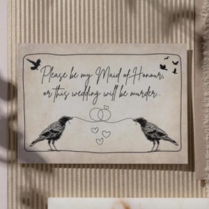 Por favor, sea mi dama de honor. Honor o esta boda será un asesinato. Tarjeta de invitación de novia gótica. Gótico, Reino Unido, EE. UU., ortografía, divertido, bruja, cuervo, arte.