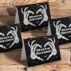 Willst du meine Trauzeugin sein Ehrenmann Gothic Braut einladen Grußkarte Goth Hochzeit Schädel Gay Skelett Brautjungfer Gotik UK US Spelling