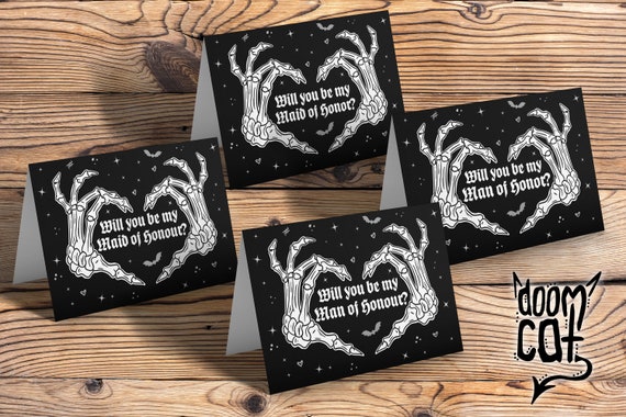 Will You Be My Maid of Honour Honor Man Gothic Bride Invite Greetings Card Goth Wedding Skull Gay Skeleton Bridesmaid Gothic UK US Spelling