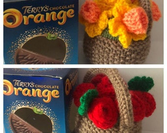 Hand knitted, Flower basket, chocolate Orange cover