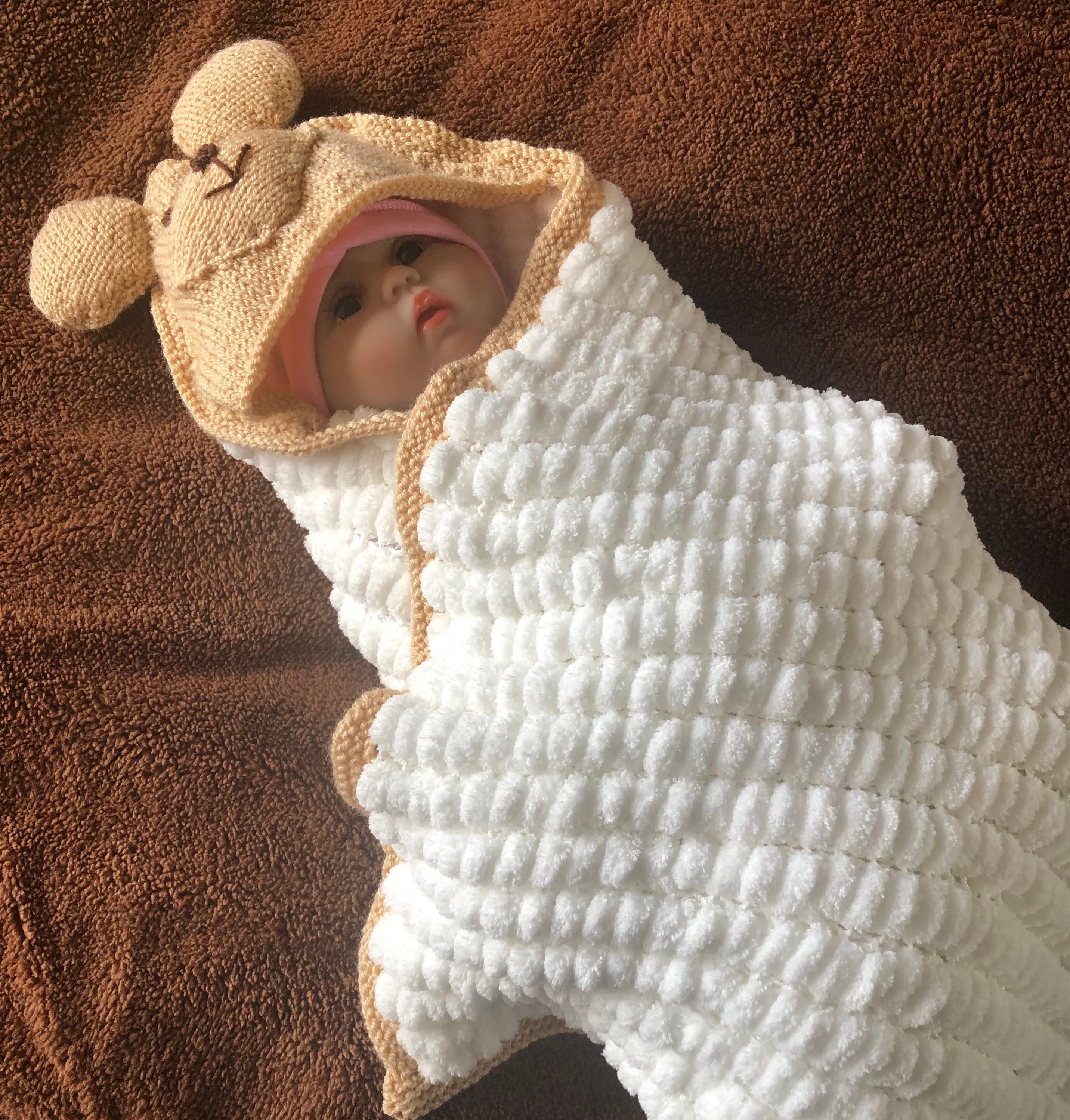 Hand knitted baby teddy hooded swaddling blanket super soft Etsy
