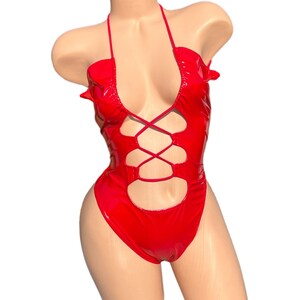 EXOTIC DANCEWEAR- Sexy Latex Red Stripper Lace up bikini Exotic Wear