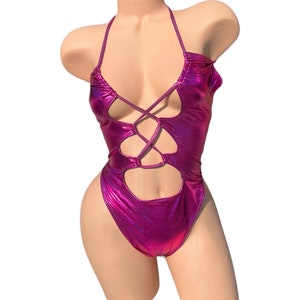 EXOTIC DANCEWEAR- Sexy metallic Pink Stripper Lace up bikini Exotic Wear