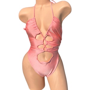 EXOTIC DANCEWEAR- Sexy Peachy Pink Stripper Lace up bikini Exotic Wear