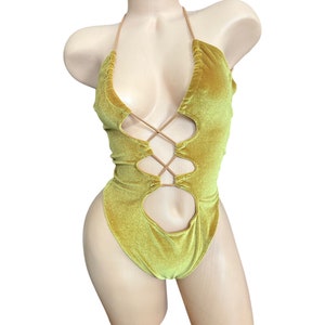 EXOTIC DANCEWEAR- Sexy Velvet yellow Stripper Lace up bikini Exotic Wear