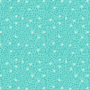 Peut inclure: Un motif répétitif de vignes turquoise avec des feuilles en forme de cœur et de petites fleurs blanches à centres jaunes. Le motif est uniformément espacé sur le fond, créant un thème floral et botanique.