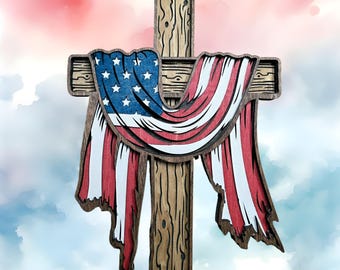 Wooden USA Flag on Cross for Wall, Layered Cross, 3D Multilayered Cross, Handmade Cross, Intricate Cross, Christian Gift, Handcrafted Cross,