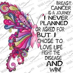May include: A pink butterfly with colorful wings and a pink ribbon. The text reads "Breast Cancer is a Journey I Never Planned or Asked For But I Chose to Love Life Fight the Disease and Win!"