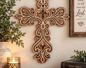 May include: A multi-layered wooden wall cross featuring intricate scrollwork and filigree patterns in varying shades of brown, tan, and dark wood tones. The design consists of stacked layers creating depth, with a symmetrical fleur-de-lis inspired shape.