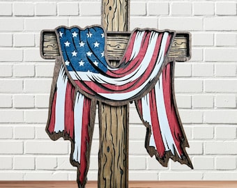Wooden USA Flag on Cross for Wall, Layered Cross, 3D Multilayered Cross, Handmade Cross, Intricate Cross, Christian Gift, Handcrafted Cross,