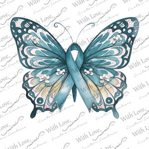 Puede incluir: Un diseño de mariposa turquesa con una cinta turquesa en el centro. La mariposa tiene intrincados patrones de alas en tonos turquesa, azul y rosa. Las palabras "With Love, mini LLC Custom Creations" están impresas alrededor de la mariposa.