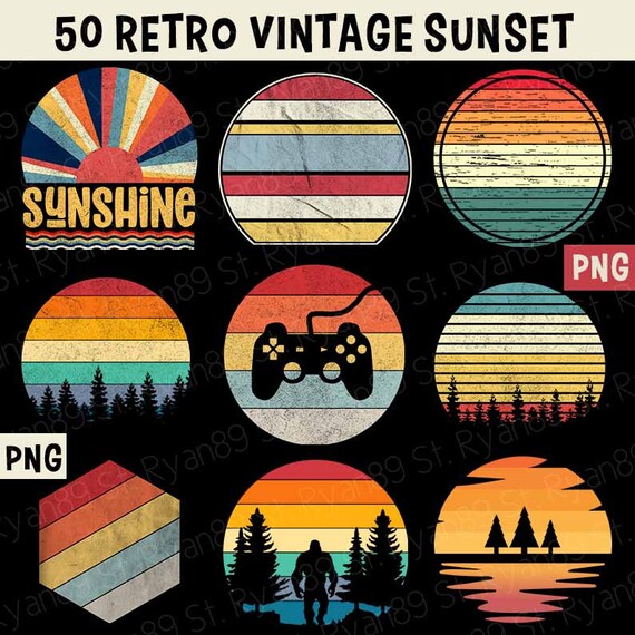 Download Retro Vintage Sunsets 50 Retro Sunset Clipart Png Digital Etsy