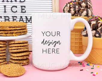 15oz White Mug Mockup Photo | 300 DPI JPEG | Side View in Ice Cream & Candy Shop Setting