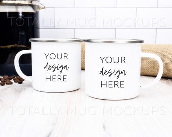 12oz White Enamel Camper Mugs Mockup Photo 300 DPI Use for Front and Back or Pair Set JPEG Two Mugs in Coffee Shop Setting