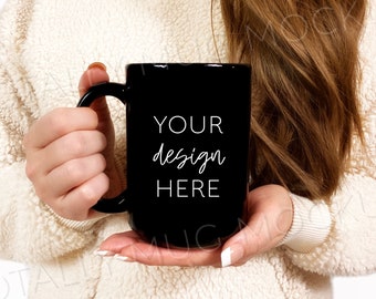 15oz Black Mug Mockup Photo | JPEG Image | 300 DPI | Side View | Woman Holding Mug