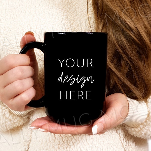 15oz Black Mug Mockup Photo | JPEG Image | 300 DPI | Side View | Woman Holding Mug