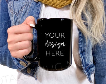 15oz Black Mug Mockup Photo | JPEG Image | 300 DPI | Side View | Woman Holding Mug