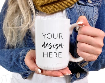 15oz White Mug Mockup Photo | JPEG Image | 300 DPI | Side View | Woman Holding Mug