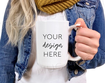 15oz White Mug Mockup Photo | JPEG Image | 300 DPI | Side View | Woman Holding Mug