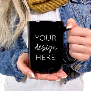 15oz Black Mug Mockup Photo | JPEG Image | 300 DPI | Side View | Woman Holding Mug