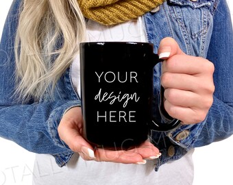 15oz Black Mug Mockup Photo | JPEG Image | 300 DPI | Side View | Woman Holding Mug