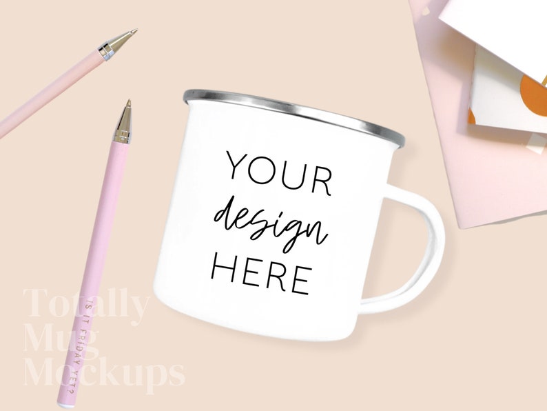 12oz White Enamel Camper Mugs Mockup Photo 300 DPI Use for Front and Back or Pair Set JPEG Two Mugs in Coffee Shop Setting