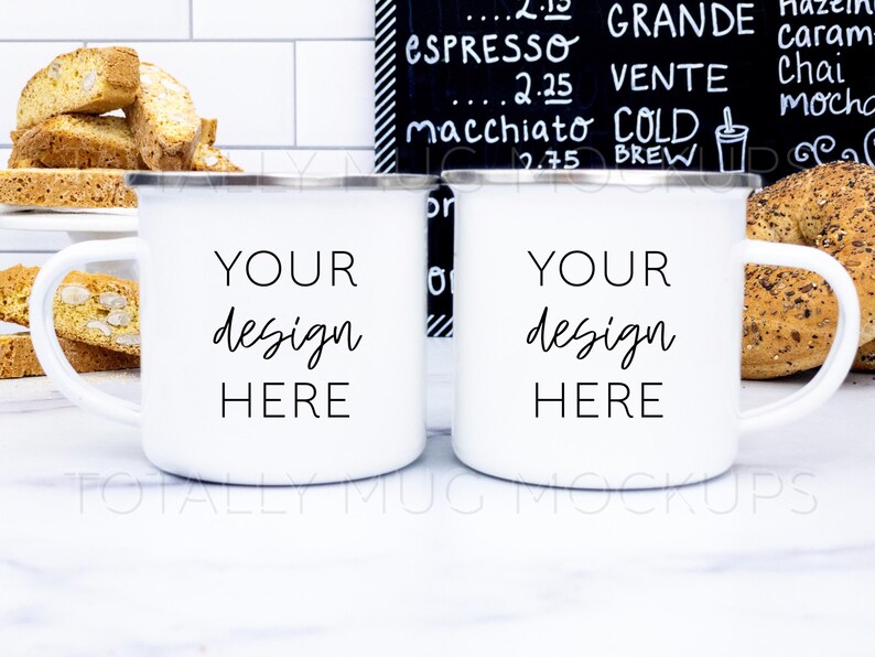 12oz White Enamel Camper Mugs Mockup Photo 300 DPI Use for Front and Back or Pair Set JPEG Two Mugs in Coffee Shop Setting