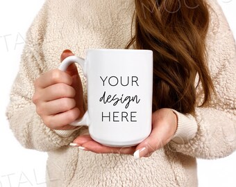 15oz White Mug Mockup Photo | JPEG Image | 300 DPI | Side View | Woman Holding Mug