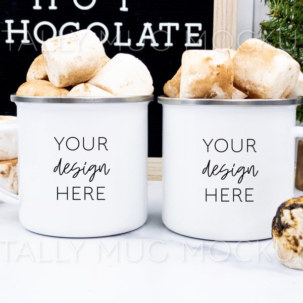12oz White Enamel Camper Mugs Mockup Photo | JPEG | 300 DPI | Use for Front and Back or Pair Set | Two Mugs in Winter / Holiday Theme