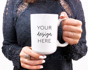 15oz White Mug Mockup Photo | JPEG Image | 300 DPI | Side View | Woman Holding Mug