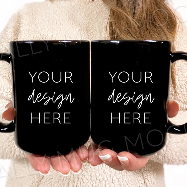 15oz Black Mugs Mockup Photo | JPEG | 300 DPI | Use for Front and Back or Pair Set | Side View | Woman Holding Two Mugs