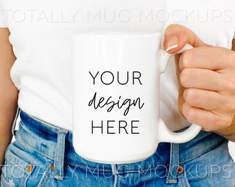 15oz White Mug Mockup Photo | 300 DPI JPEG | Side View with Woman