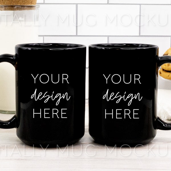 15oz Black Mugs Mockup Photo | JPEG | 300 DPI | Use for Front and Back or Pair Set | Side View of Two Mugs in Kitchen Setting