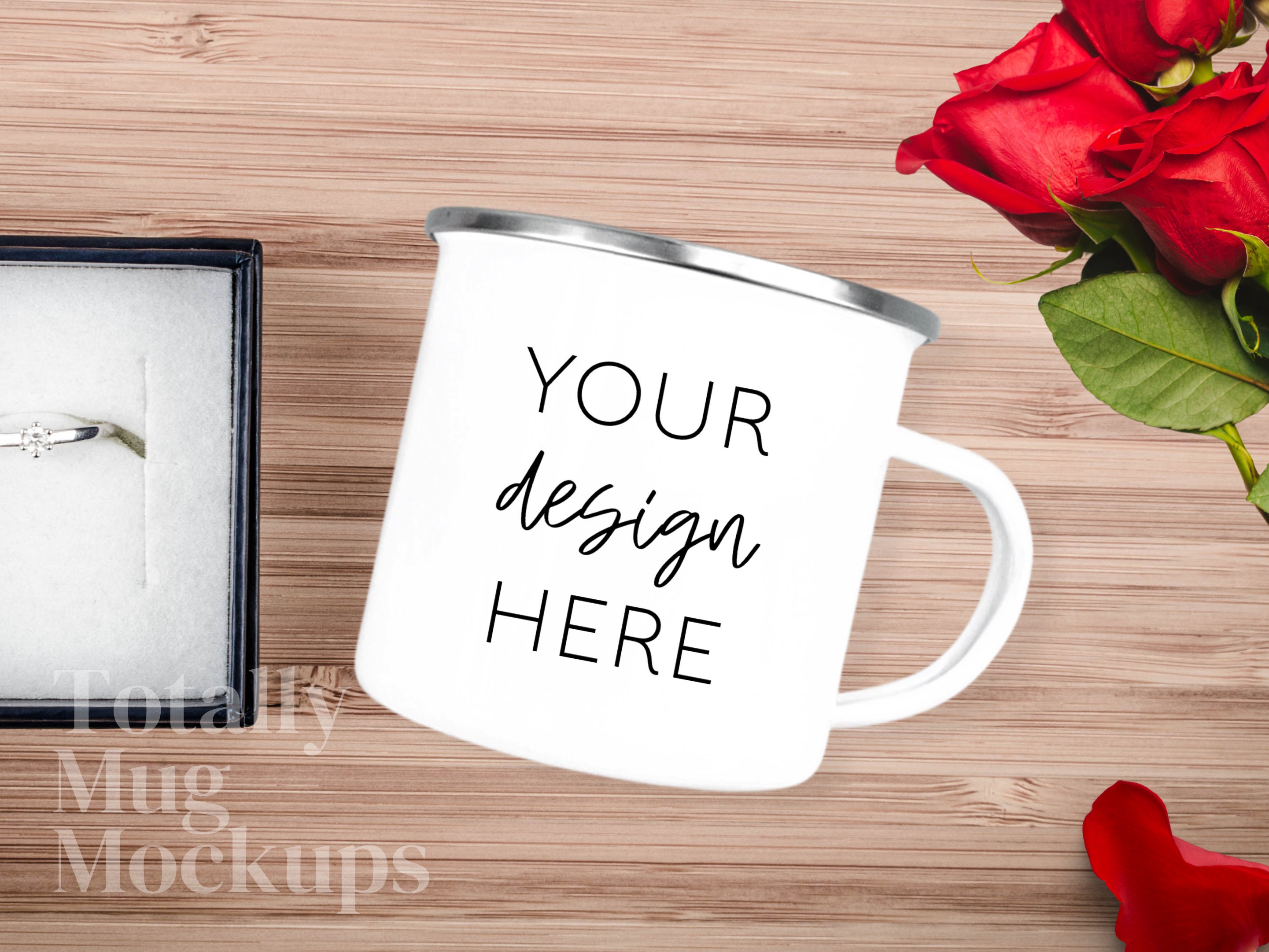12oz White Enamel Camper Mugs Mockup Photo 300 DPI Use for Front and Back or Pair Set JPEG Two Mugs in Coffee Shop Setting