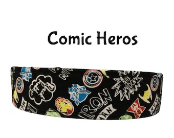 May include: Black fabric headband with a colorful print of comic book heroes, including Iron Man, Captain America, and Black Widow. The headband has the text "Comic Heros" printed on it.