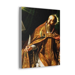 Op de afbeelding: Canvas print van een religieuze figuur in sierlijke gouden en rode gewaden, met een veer. De figuur heeft een lange baard en kijkt omhoog. Het kunstwerk heeft een donkere achtergrond en is gemonteerd op een canvas frame.