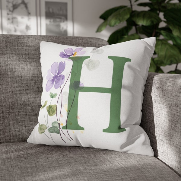 Custom Monogram Pillowcase, Personalized Name Pillow, Spring Flower Watercolor 20x20inch