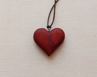 Red Heart Necklace, Wooden Pendant, Wood Carved  Heart Jewelry