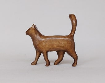 Estatua de gato de madera tallada a mano: figura decorativa rústica para el hogar