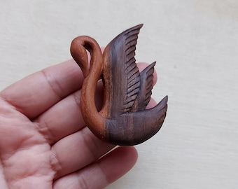 Wood Carved Swan Brooch, Wooden Swan Pin, Hand Carved Bird Jewelry