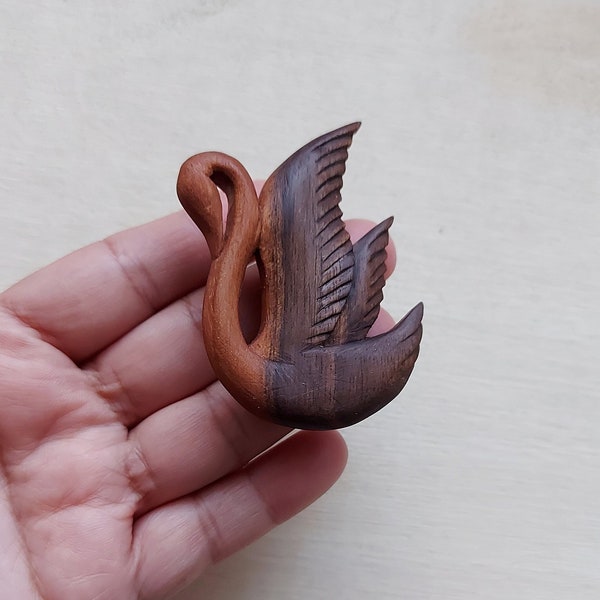 Wood Carved Swan Brooch, Wooden Swan Pin, Hand Carved Bird Jewelry