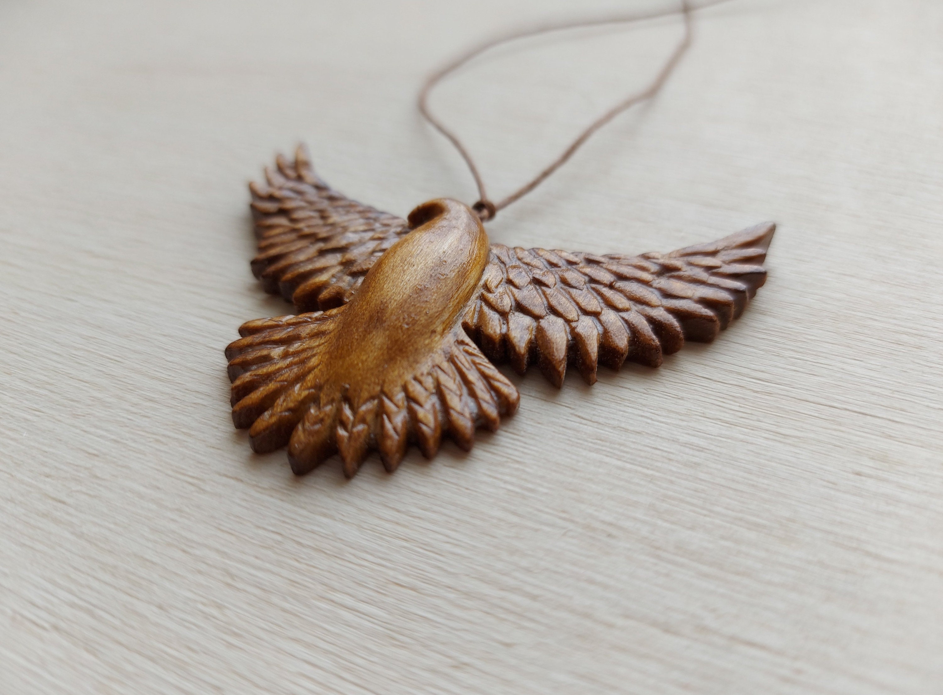 Wood Carved Eagle Pendant Wooden Necklace Hand Carved Etsy