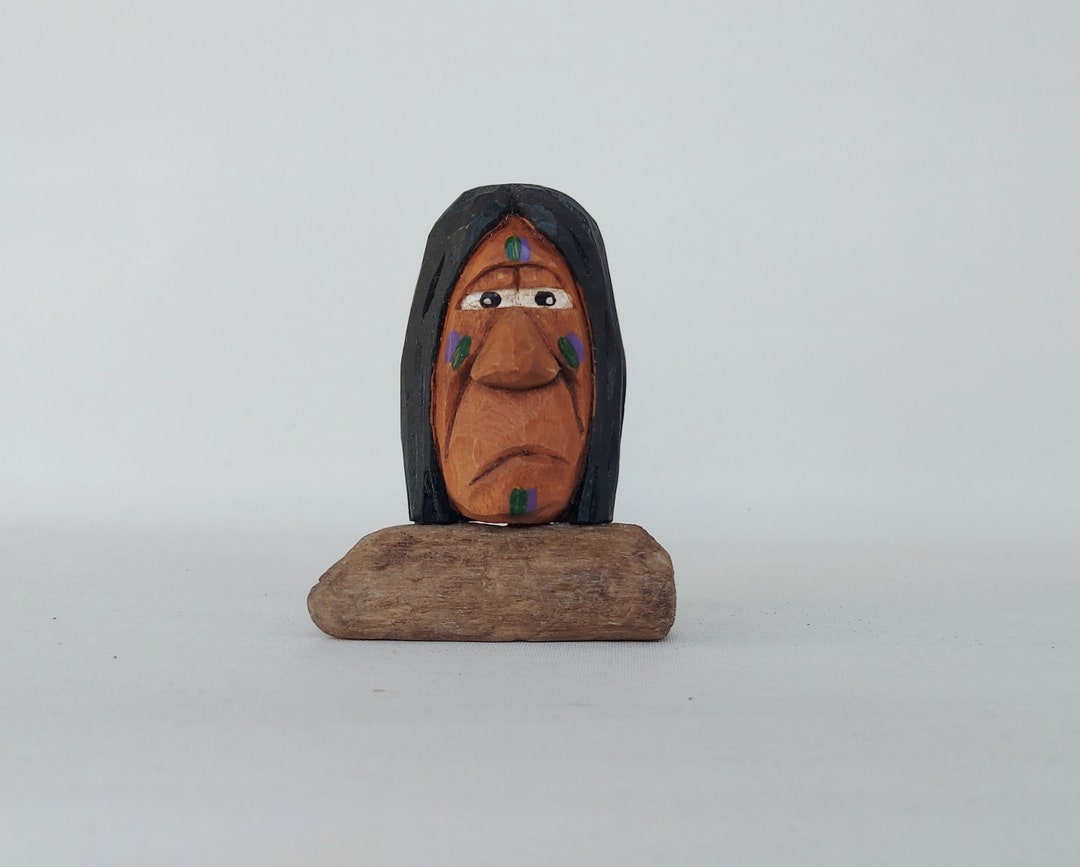 Wood Carved Indian Chief Head Statue Wooden Native American Etsy