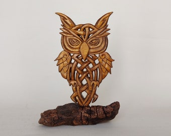 Wood Carved Owl Figurine, Wooden Owl Home Decor, Hand Carved Celtic Owl  Statue